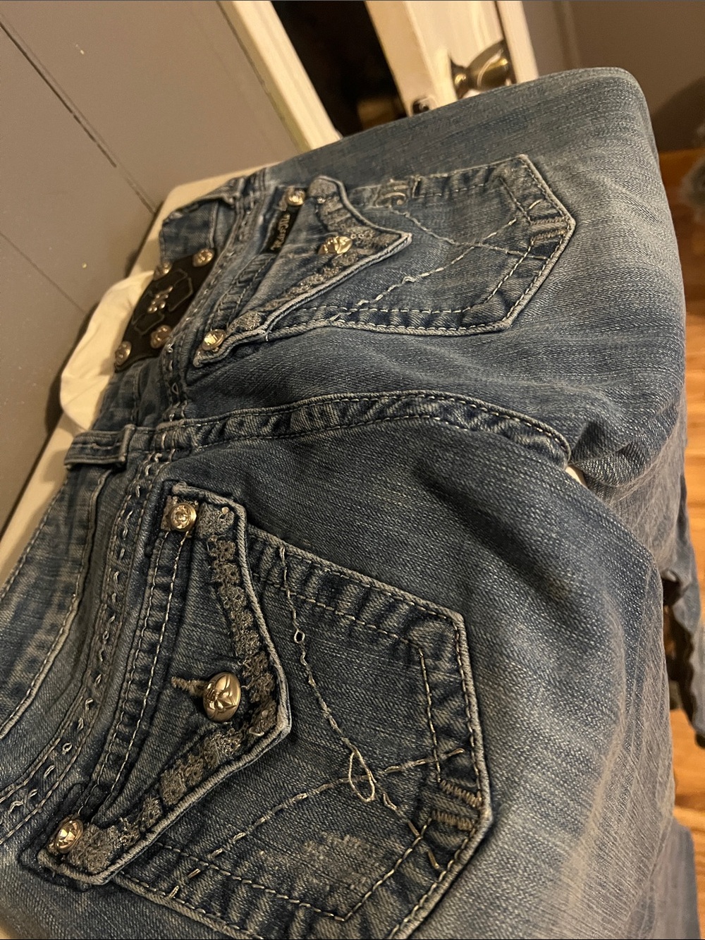 MissMe Embellished Blue Denim Jeans with Decorative Pocket Buttons